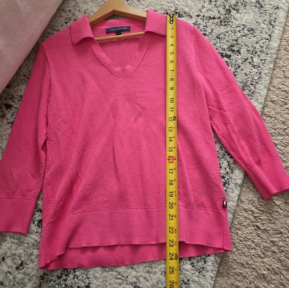 Tommy Hilfiger Waffleknit Sweater Vneck Collared Womens M Cotton Pink - Picture 4 of 8